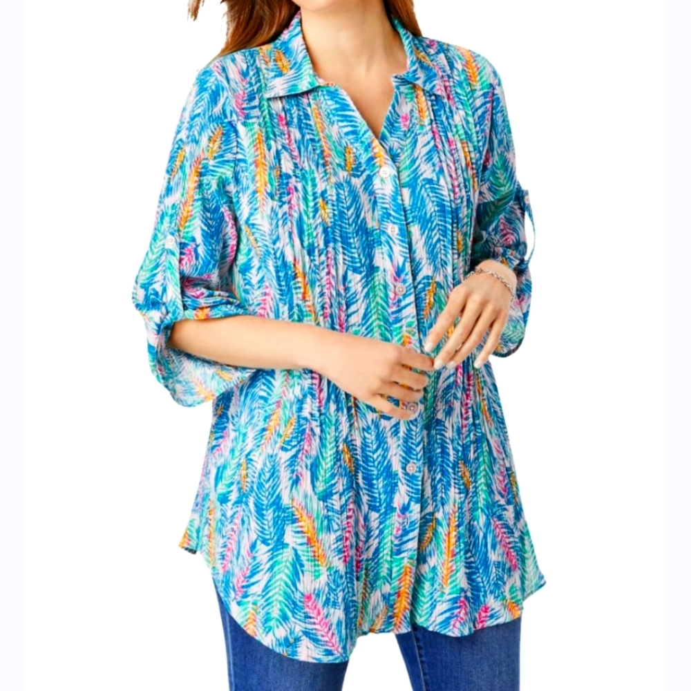 Woman Within Gauzy Blouse Sz 3X 22/24W Tropical Pintucked Button Roll Tab Sleeve